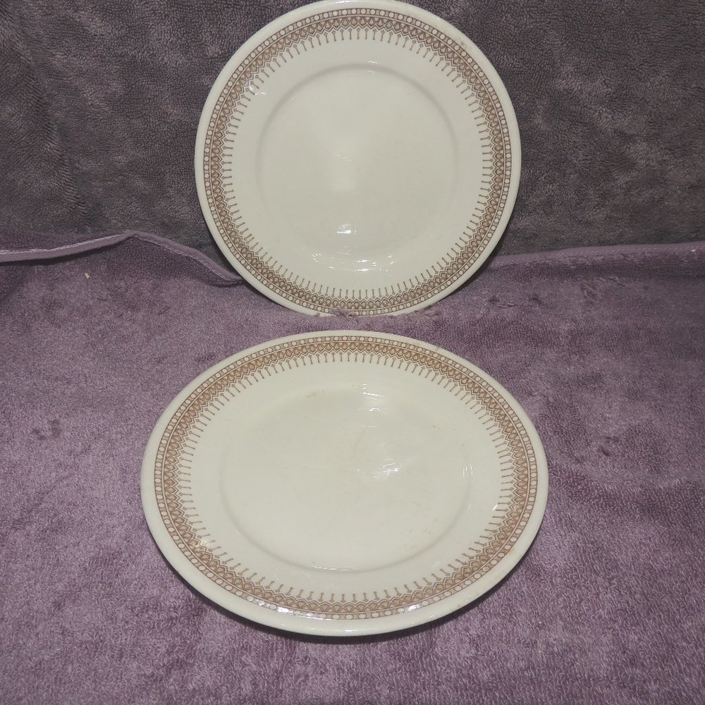 2  Shenango China 8 Inch Restaurant Salad Dessert  Plates Tan with Brown Scrolls